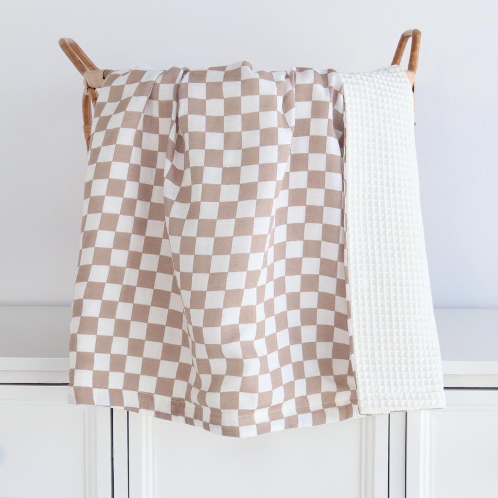 Double Sided Waffle & Muslin Blanket - Checkered Beige