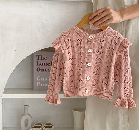 Knit Cardigan with Ruffled Sleeves - Soft Pink